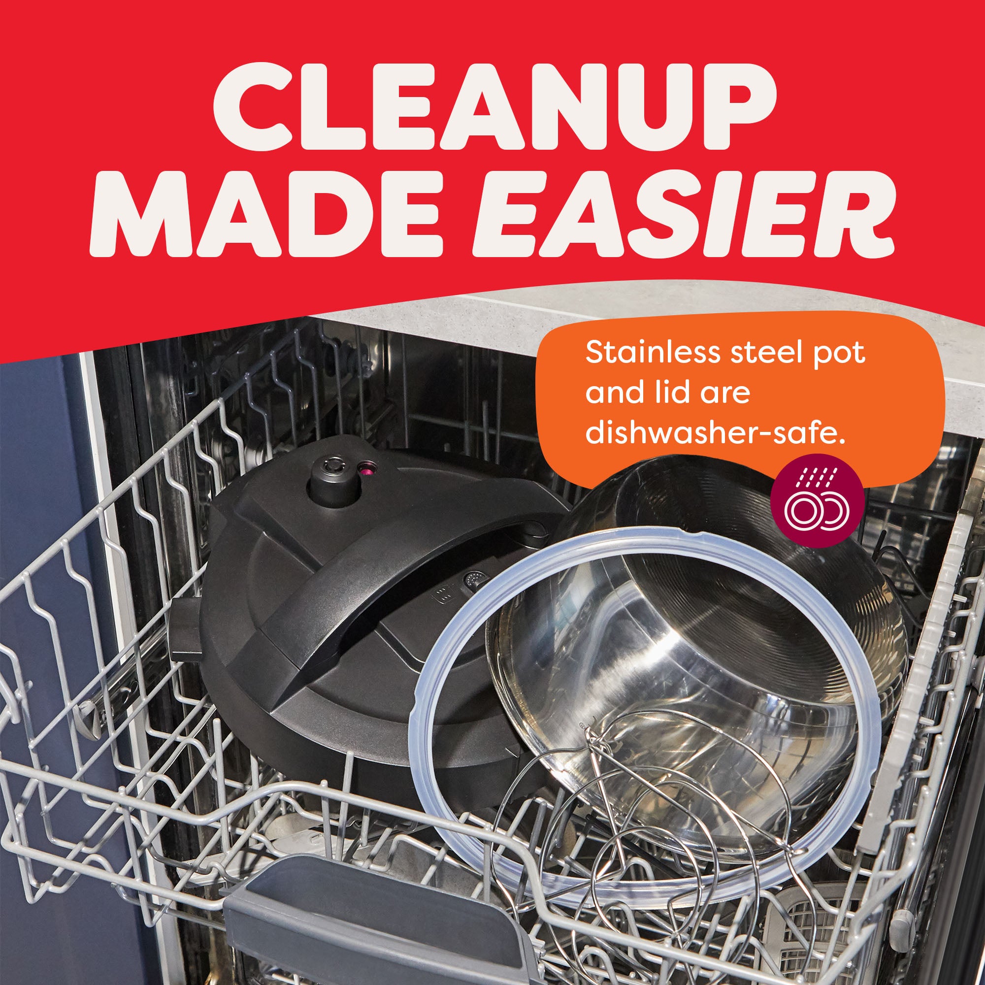 The Instant Pot® 4QT RIO™ Mini Multi-Cooker’s lid, stainless steel inner pot, sealing ring, and steam rack are neatly arranged in a dishwasher’s top rack. A callout says, “Stainless steel pot and lid are dishwasher-safe,” with the header reading, “Cleanup Made Easier.”