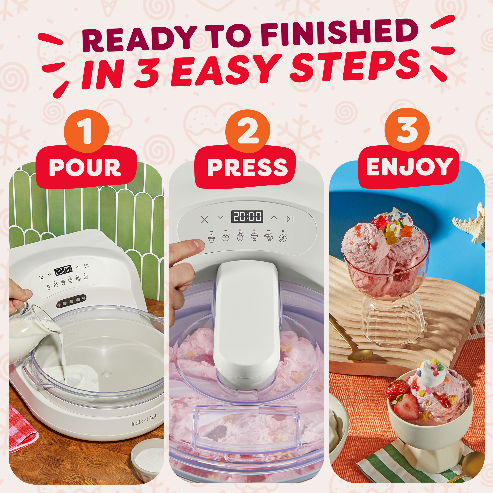 This bright instructional graphic explains how to make frozen desserts with the InstantChill machine in three simple steps: pour the base, press the churn cycle, and enjoy with toppings. The image includes photos of the appliance during preparation and serving, along with colorful numbered labels.