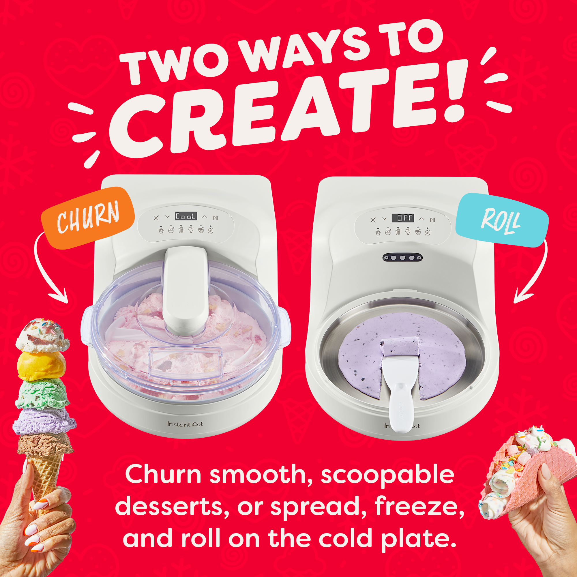InstantChill Ice cream maker with 'Churn' and 'Roll' options on a red background, showing ice cream cones and a dessert roll.