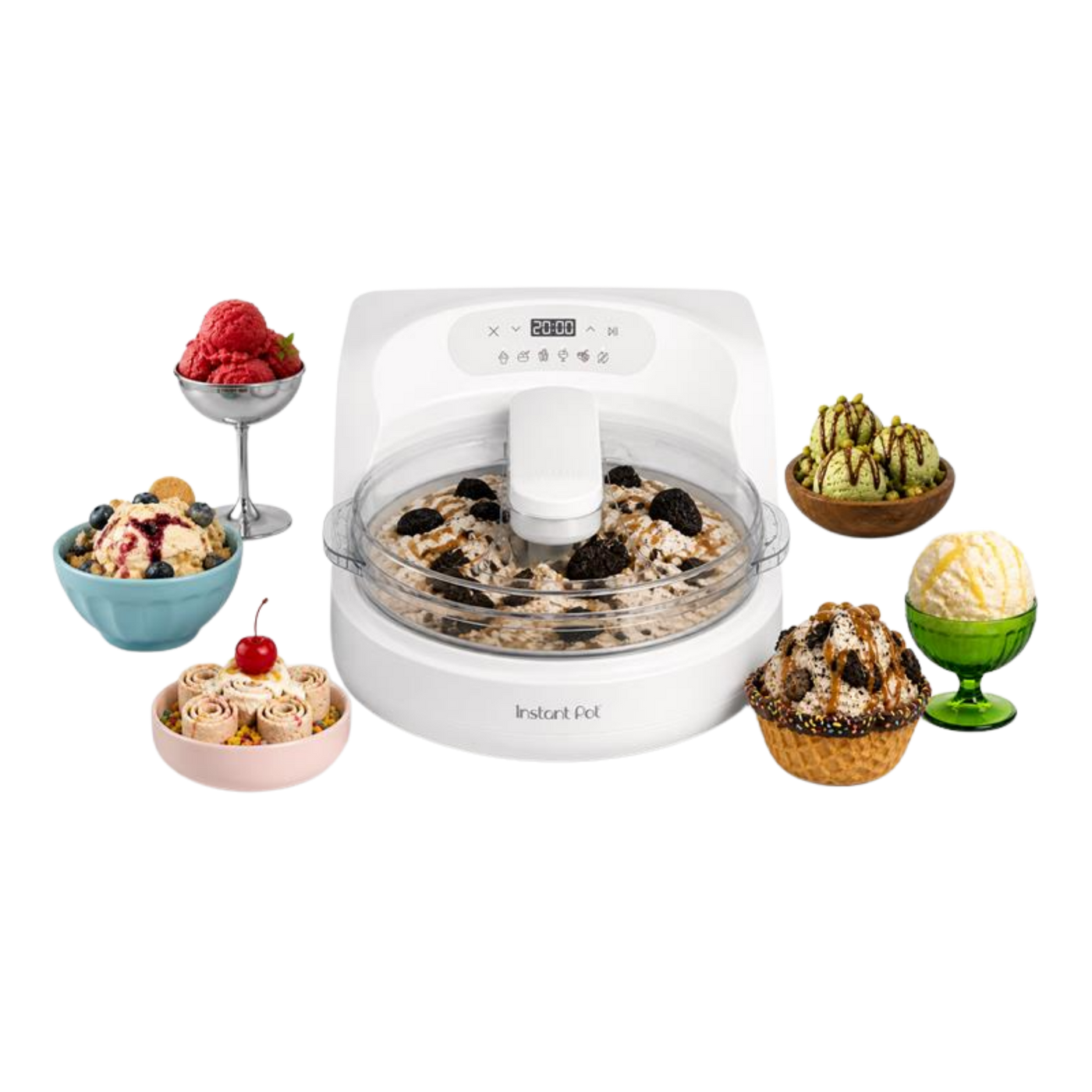 InstantChill Ice cream maker with various ice cream flavors displayed around it on a white background