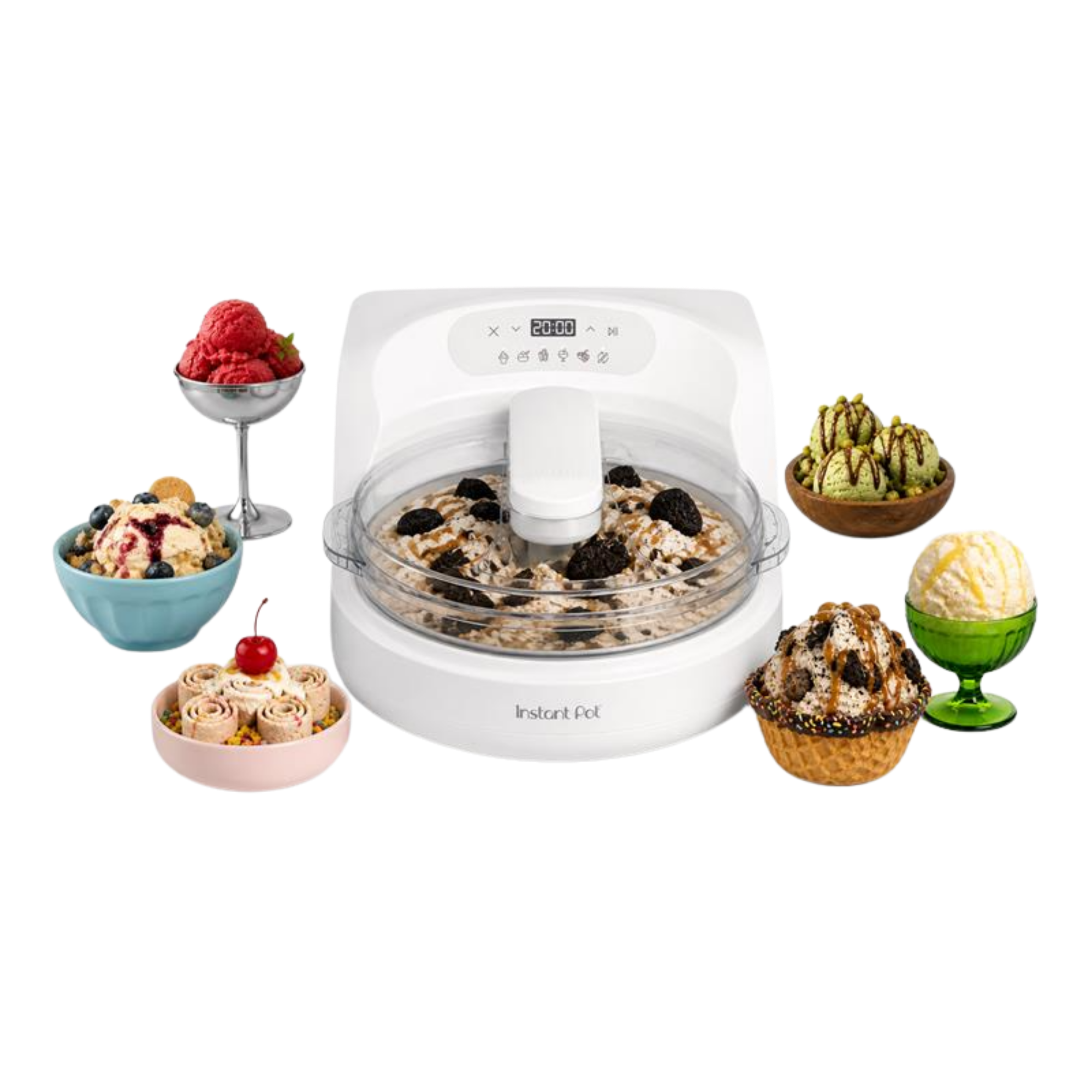 InstantChill Ice cream maker with various ice cream flavors displayed around it on a white background