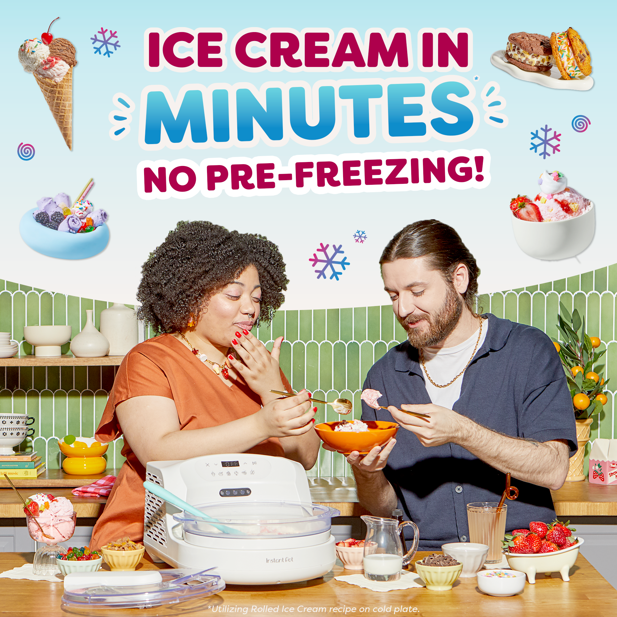 Two people enjoying ice cream in a kitchen with text about quick ice cream making in minutes with no pre-freezing.