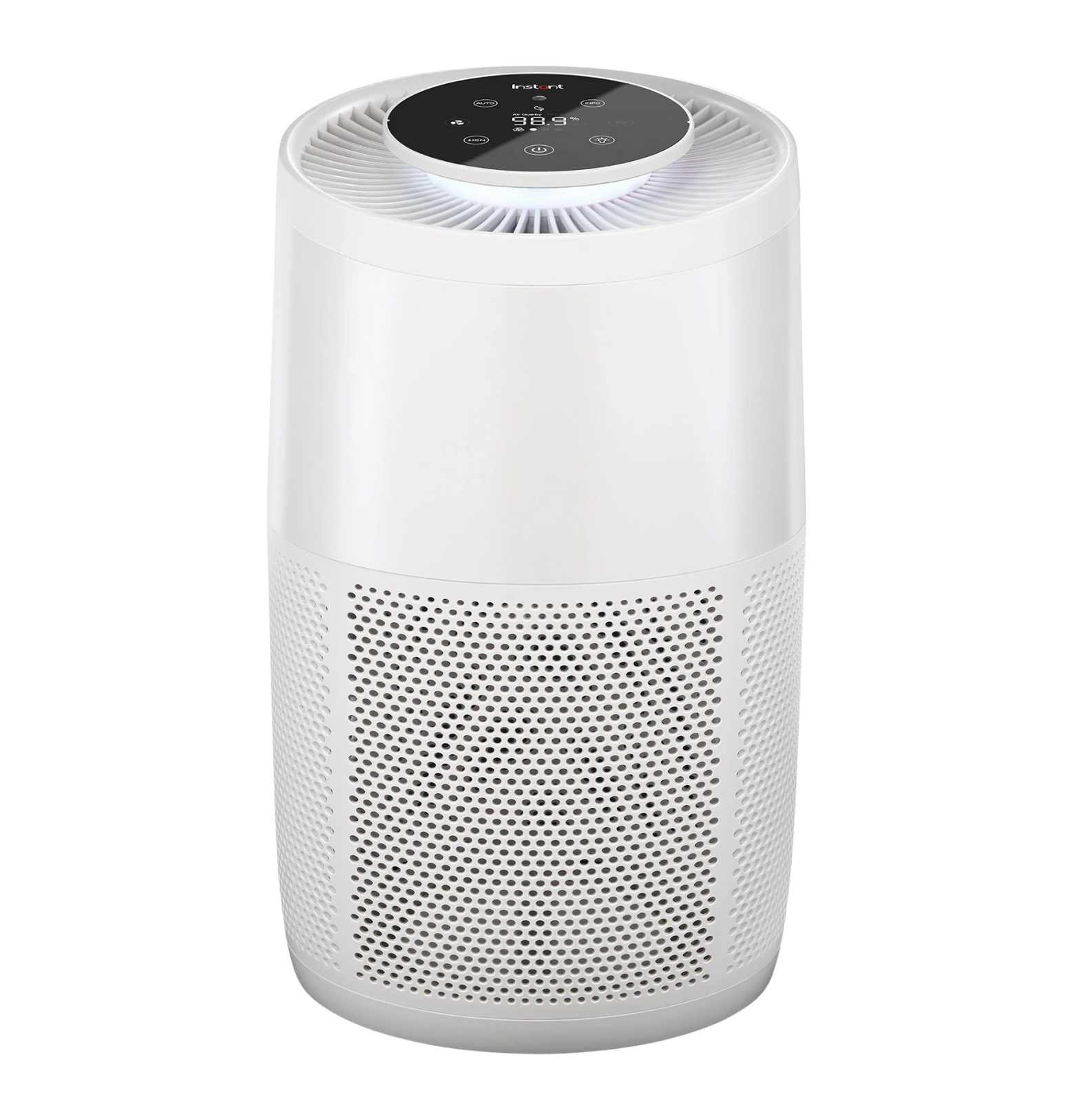 Instant Pot® Medium Air Purifier in a pearl white finish with a modern cylindrical shape. Features a perforated lower body for air intake and a black digital control panel on top with a glowing halo light indicating air quality.