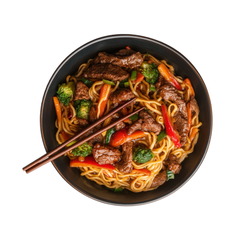 Bowl of stir-fried beef and noodles with red peppers and broccoli served with chopsticks 