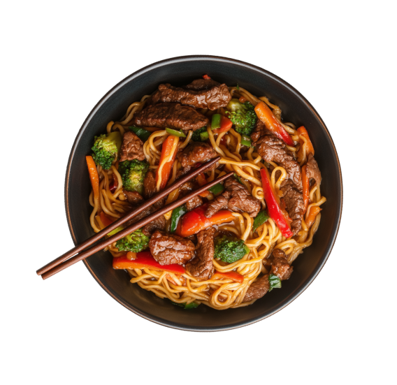 Bowl of stir-fried beef and noodles with red peppers and broccoli served with chopsticks 