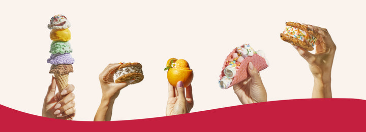 Five hands holding different desserts against a white background