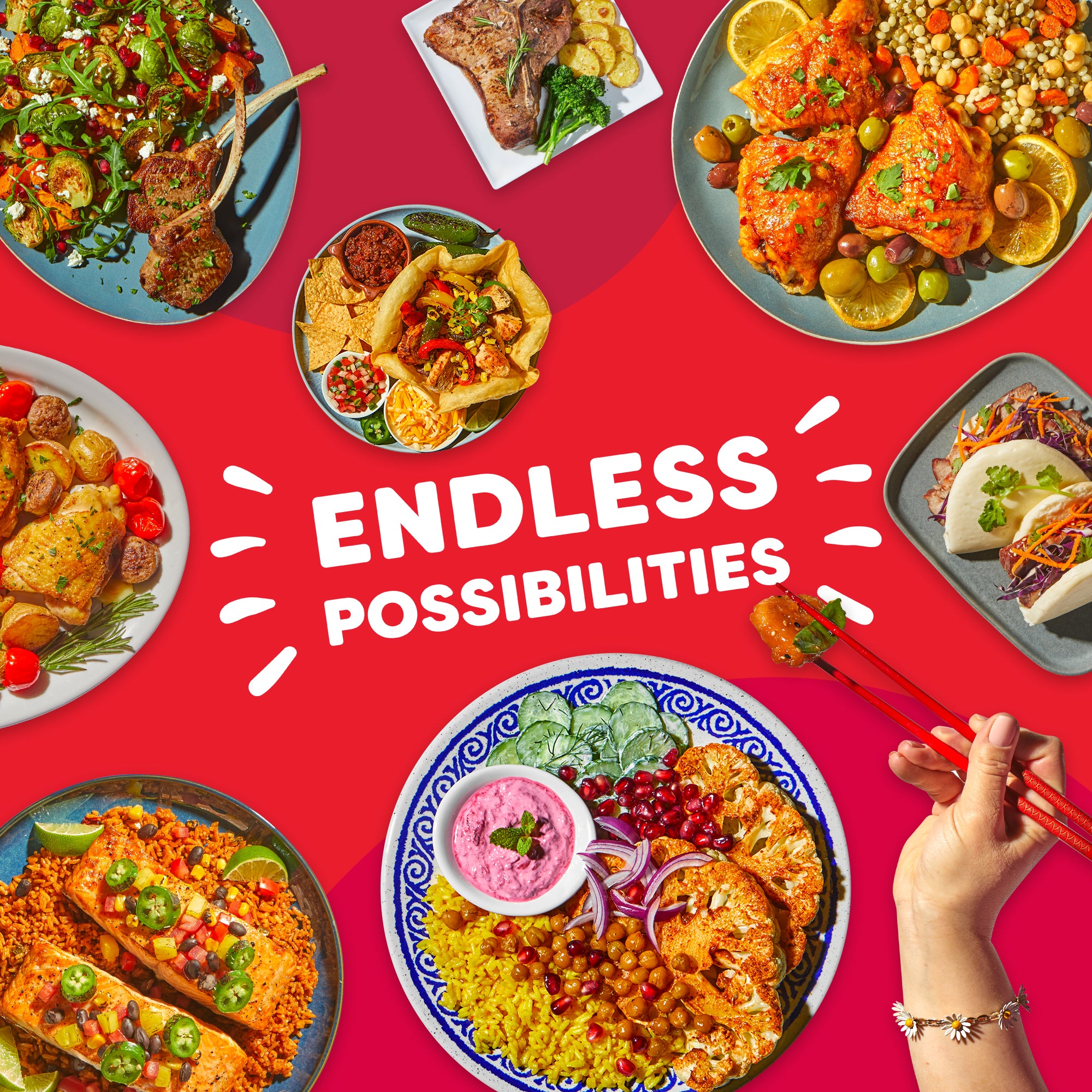 A variety of colorful meals like tacos, grilled lamb, salmon, chicken, and veggie rice bowls arranged around the words 'Endless Possibilities' on a bold red background.