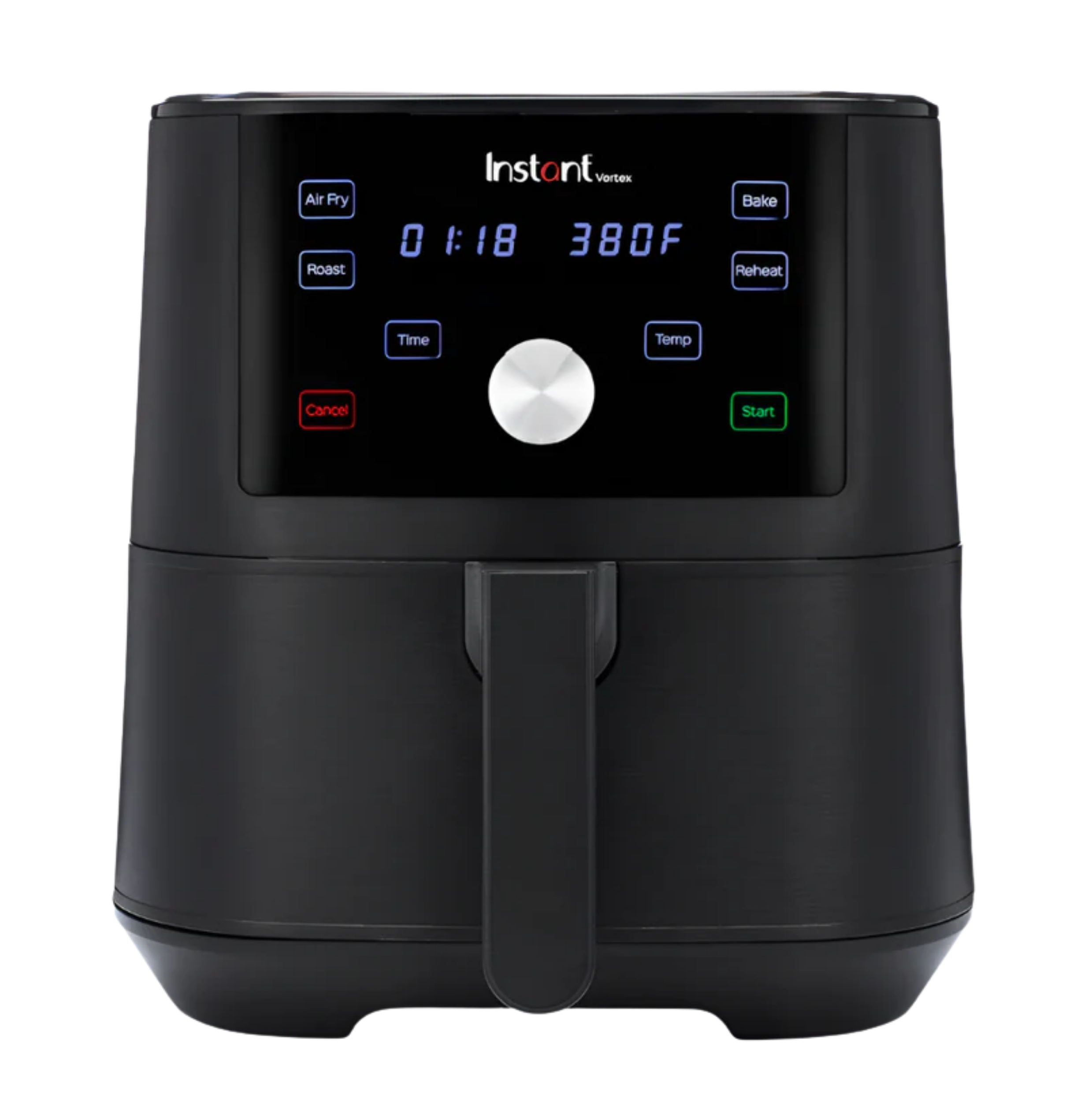 Front view of the Instant Pot® Vortex® Air Fryer in black, featuring a digital display set to 01:18 and 380°F. The sleek touchscreen interface includes buttons for Air Fry, Roast, Bake, Reheat, Time, and Temp, with a central silver dial and a Start button glowing green.