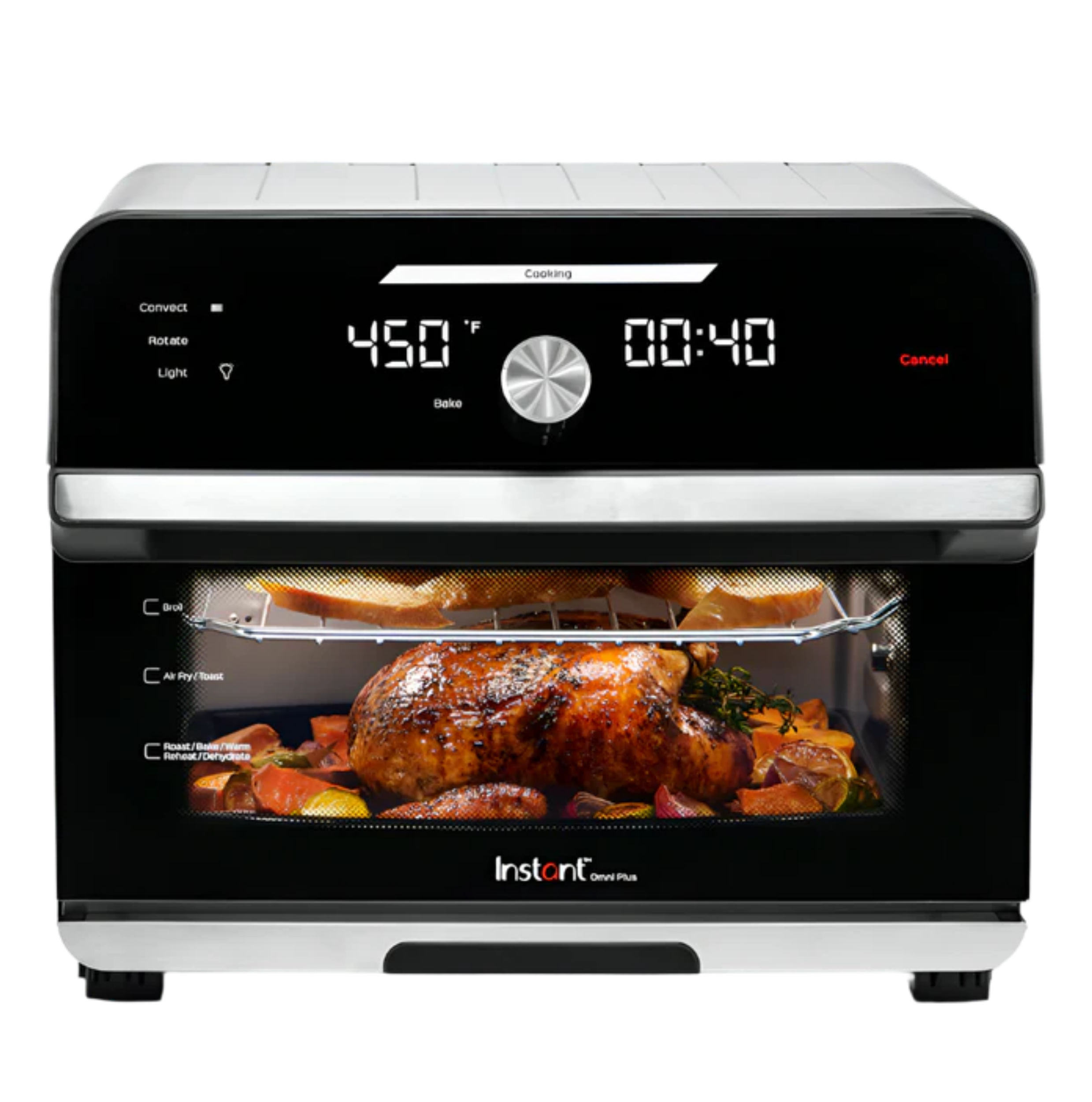  Front view of the Instant Pot® Omni® Plus 18L 10-in-1 Air Fryer Toaster Oven, with a digital display showing 450°F and 00:40. Inside, a whole roasted chicken with vegetables is visible through the glass door, along with golden toast on the upper rack. The sleek black and stainless steel design highlights multiple cooking functions like Bake, Air Fry, Roast, and Reheat.
