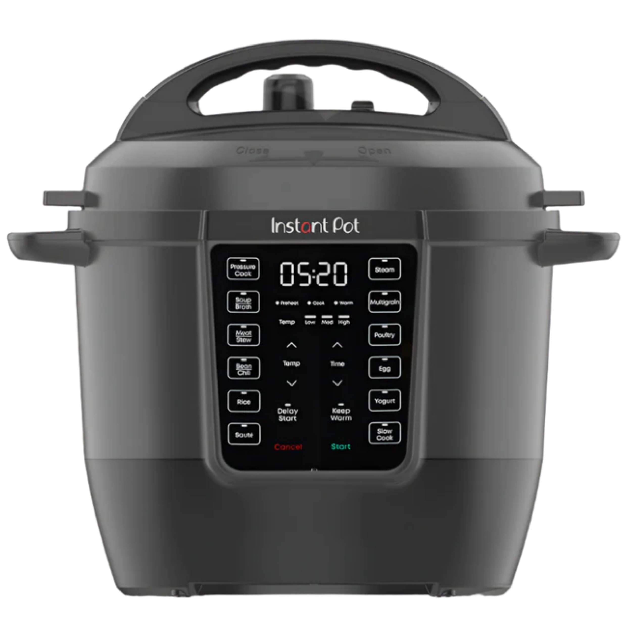 Front view of the Instant Pot® RIO™ 6QT Multi-Cooker in a sleek matte black finish, featuring a large digital display set to 05:20 and a touch-control panel with 13 smart cooking presets including Pressure Cook, Rice, Sauté, Yogurt, Slow Cook, and Multigrain. The modern, updated design includes easy-grip handles and a streamlined interface for intuitive cooking.