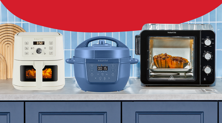 Three Instant Pot® appliances on a kitchen counter. From left to right: the Instant Pot® 4QT VORTEX® Plus Mini Air Fryer in Sea Salt with food baking inside, the Instant Pot® RIO™ Mini 4QT Multi-Cooker in Daydream with its digital display lit, and the Instant Pot® 4-Slice InstantHeat™ Mini Air Fryer Toaster Oven in Stainless Steel with two stuffed squash roasting inside.