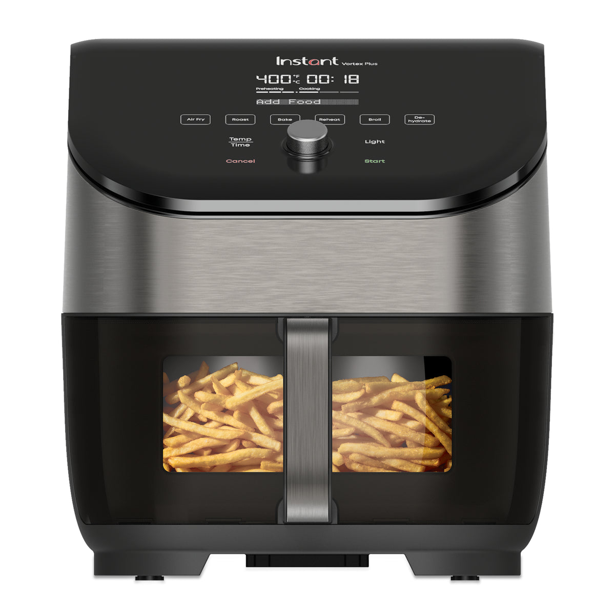 Instant Vortex Plus air fryer in black and brushed stainless steel, shown on a white background with french fries visible through the lower window.