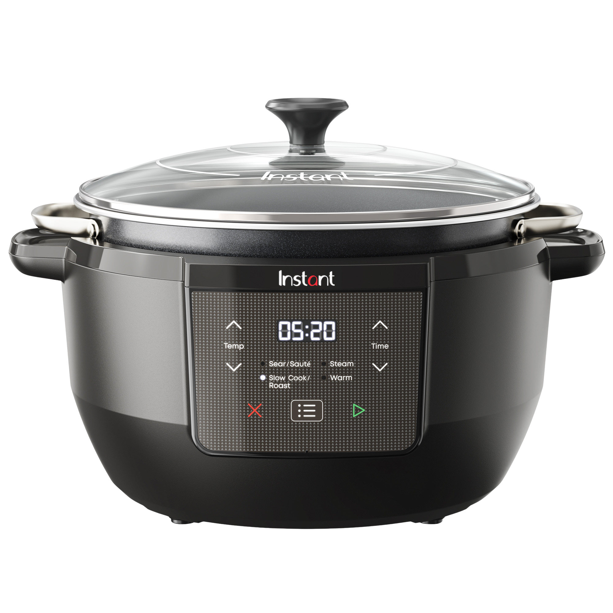 Instant Pot Superioe Slow Cooker Chef Series in black. Front facing, the UI is lit up and displays 05:20 on the clock. 