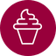 White ice cream icon featuring a soft-serve cone inside a circular burgundy background.