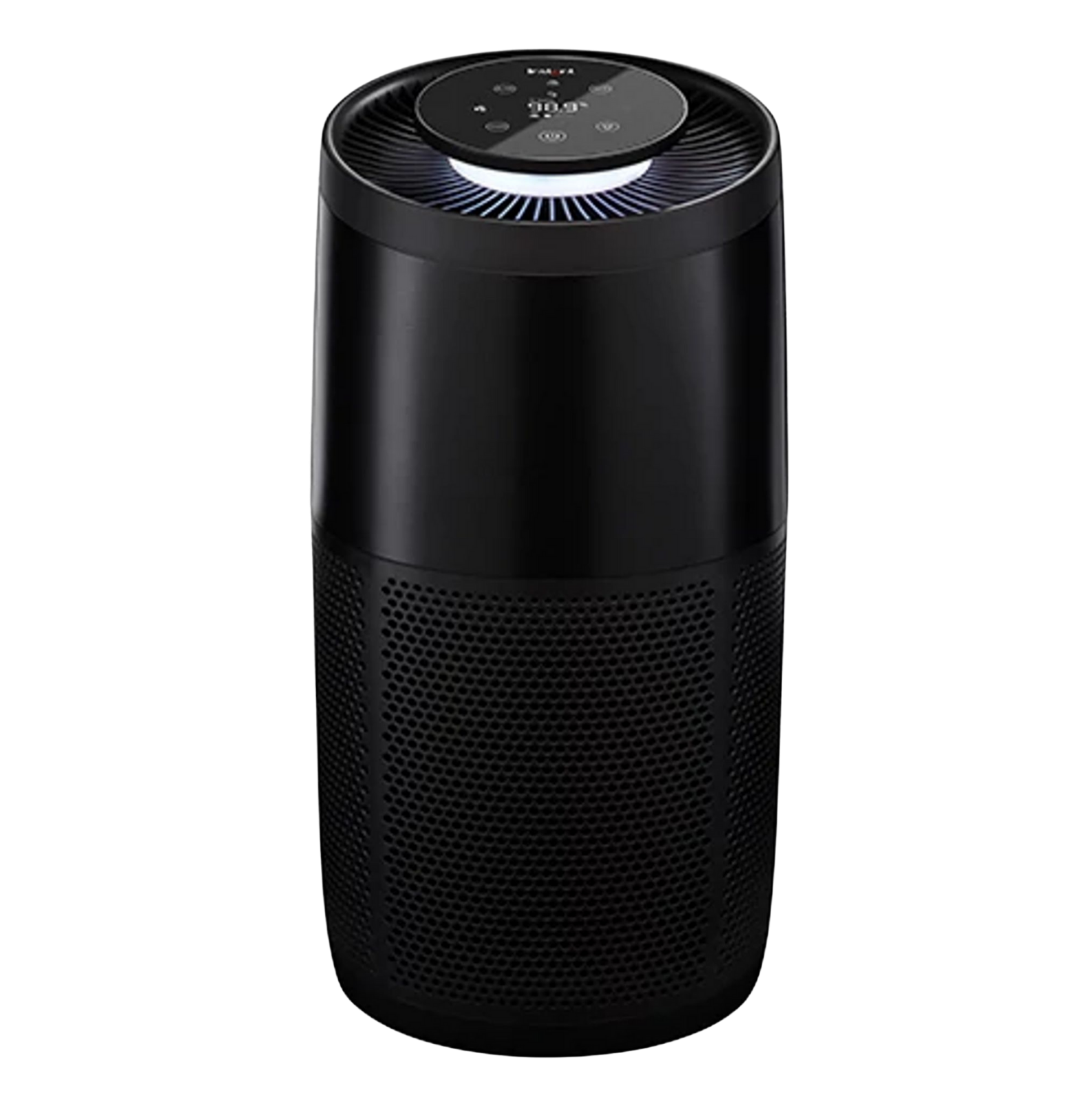 Instant Pot® Large Air Purifier in a sleek charcoal black finish with a cylindrical design. Features a perforated lower section for air intake and a digital control panel on top with an illuminated ring for real-time air quality feedback.