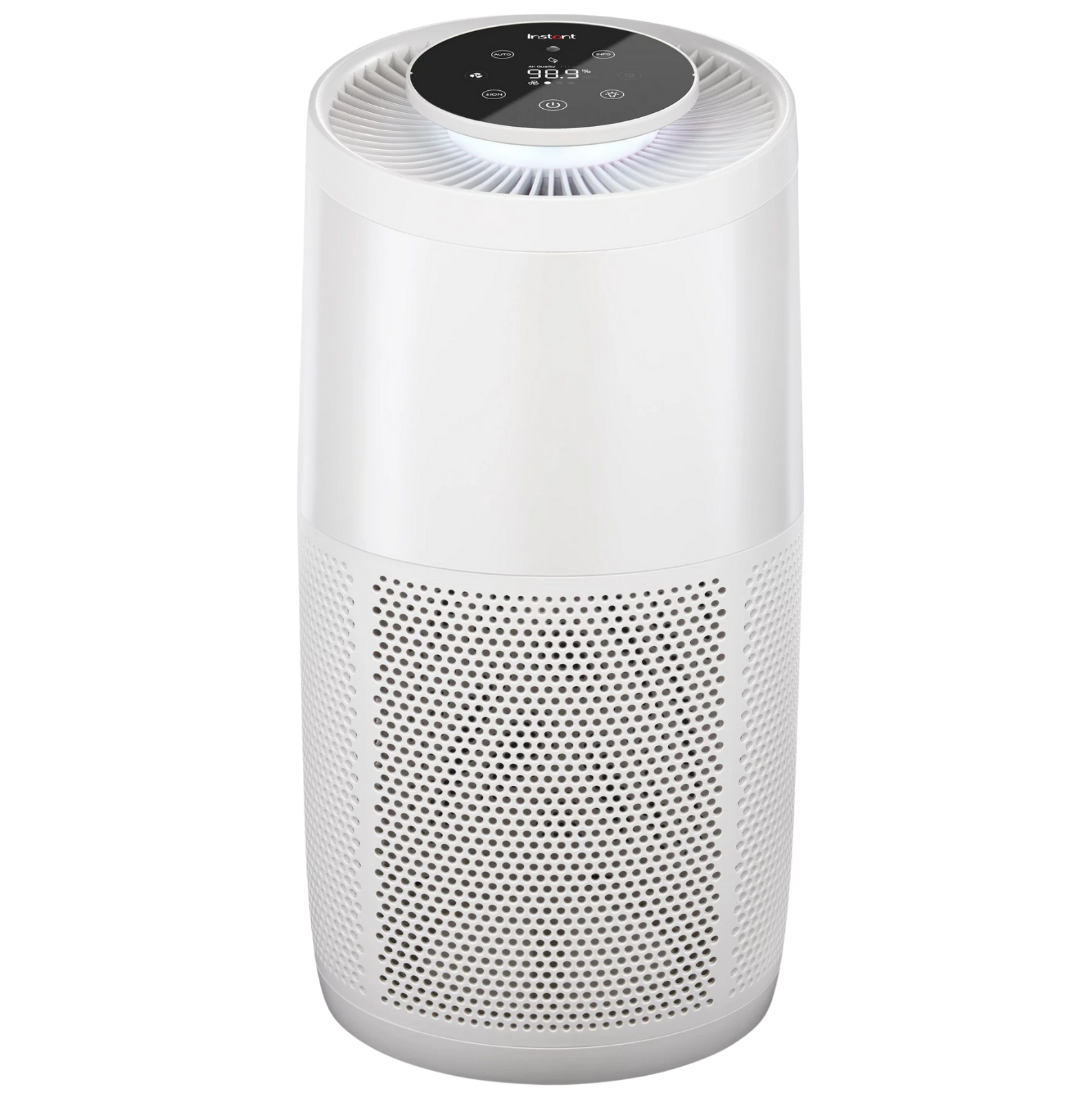 Instant Pot® Large Air Purifier in a pearl white finish with a modern cylindrical shape. Features a perforated lower body for air intake and a black digital control panel on top with a glowing halo light indicating air quality.