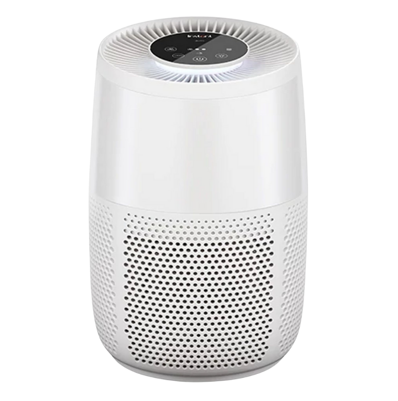 Instant Pot® Small Air Purifier in a pearl finish with a modern cylindrical shape. Features a perforated lower body for air intake and a black digital control panel on top.