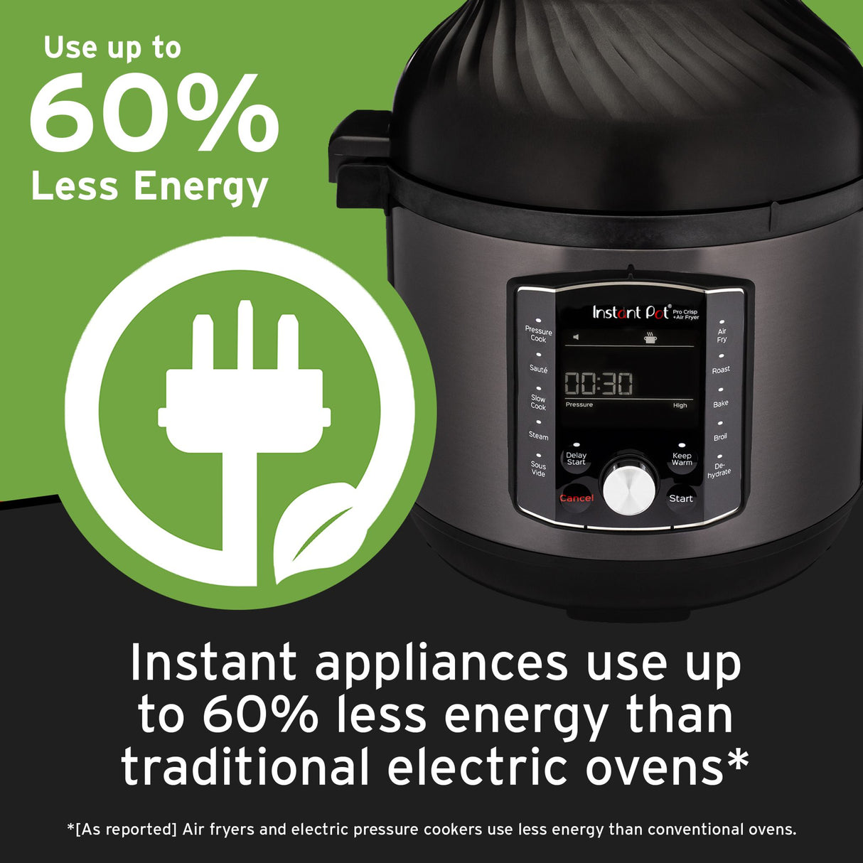  Instant Pot® Pro™ Crisp &amp; Air Fryer 8-qt Pressure Cooker &amp; Air Fryer Lid with text Use up to 60 % less energy