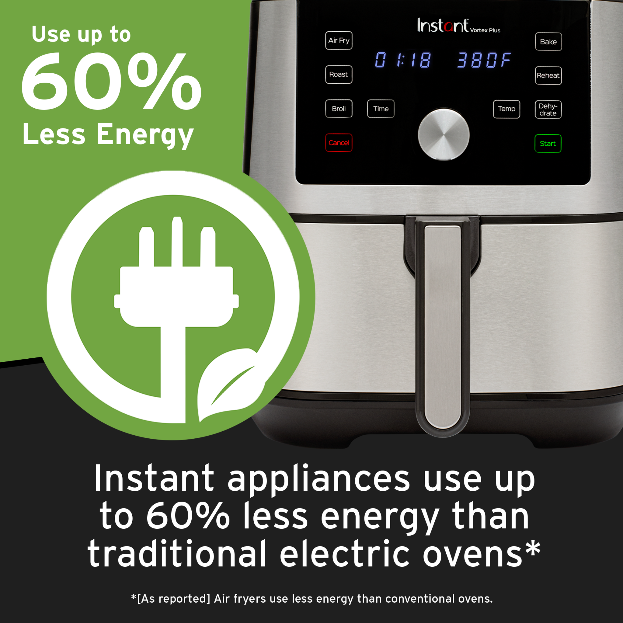   Instant™ Vortex™ Plus 4-quart Air Fryer with text Use up to 60% energy