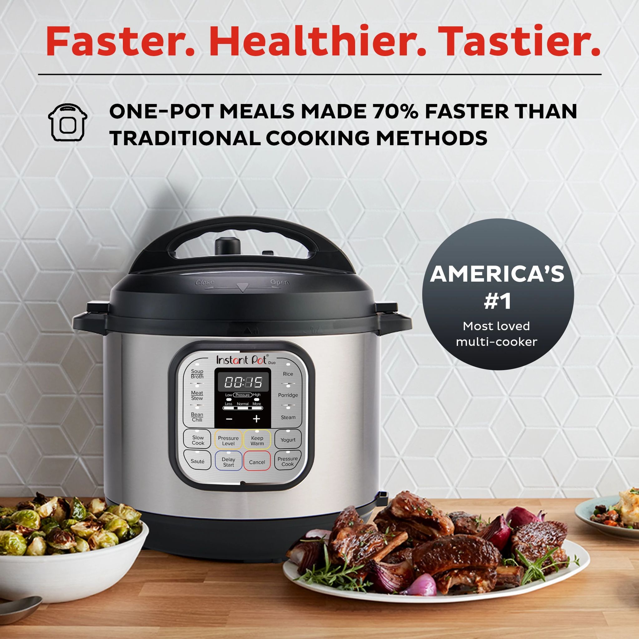  Instant Pot Duo 6-qt Multi-Use Pressure Cooker with text Faster, Healthier, Tastier