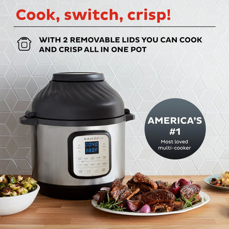  Instant Pot Duo Crisp and Air Fryer 6-quart Multi-Use Pressure Cooker with text Cook, Switch, crisp