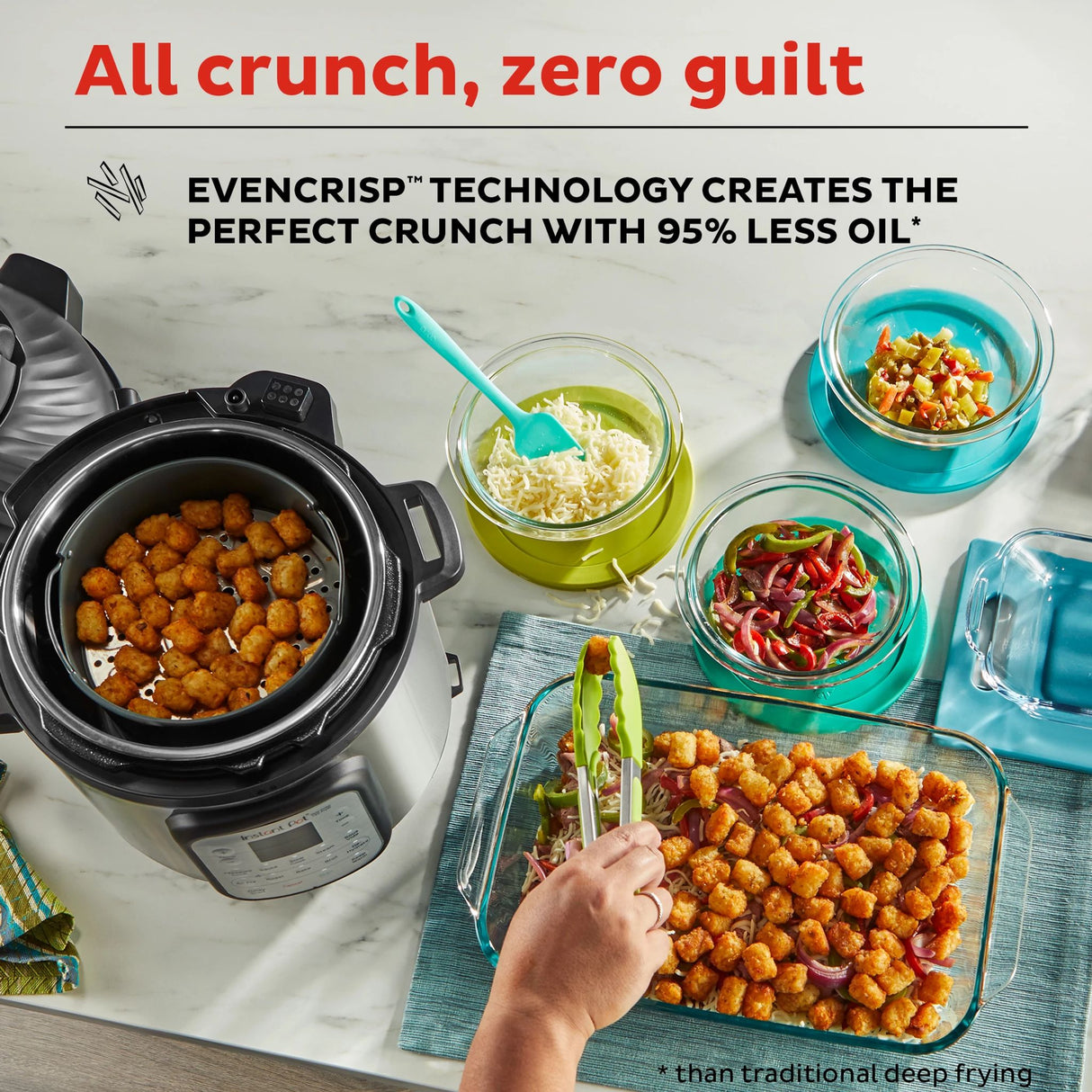  Instant Pot Duo Crisp and Air Fryer 6-quart Multi-Use Pressure Cooker with text All crunch, zero guilt