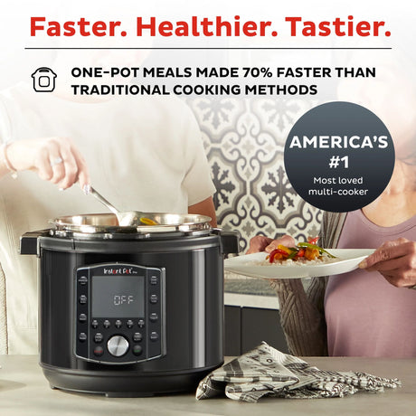  Instant Pot Pro 8 quart multi-use pressure cooker with text Faster, Healthier, Tastier