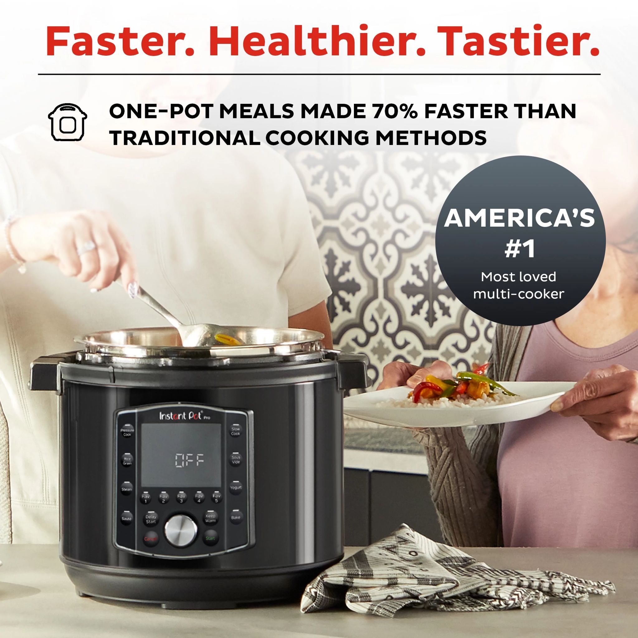  Instant Pot® Pro Multi-Use 6-qt Pressure Cooker with text Faster, Healthier, Tastier