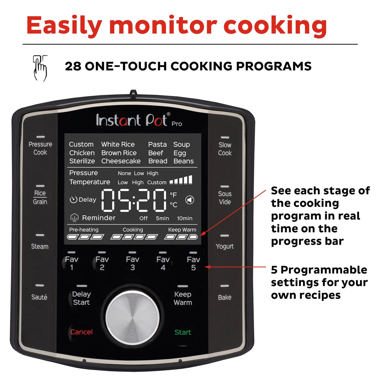 Instant Pot Pro 8 quart multi-use pressure cooker with text Easily monitor cooking