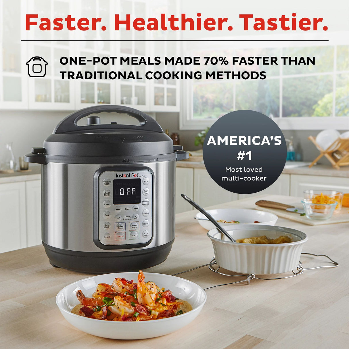  Instant Pot Duo Plus 6-qt Multi-Use Pressure Cooker with text Faster, Healthier, Tastier