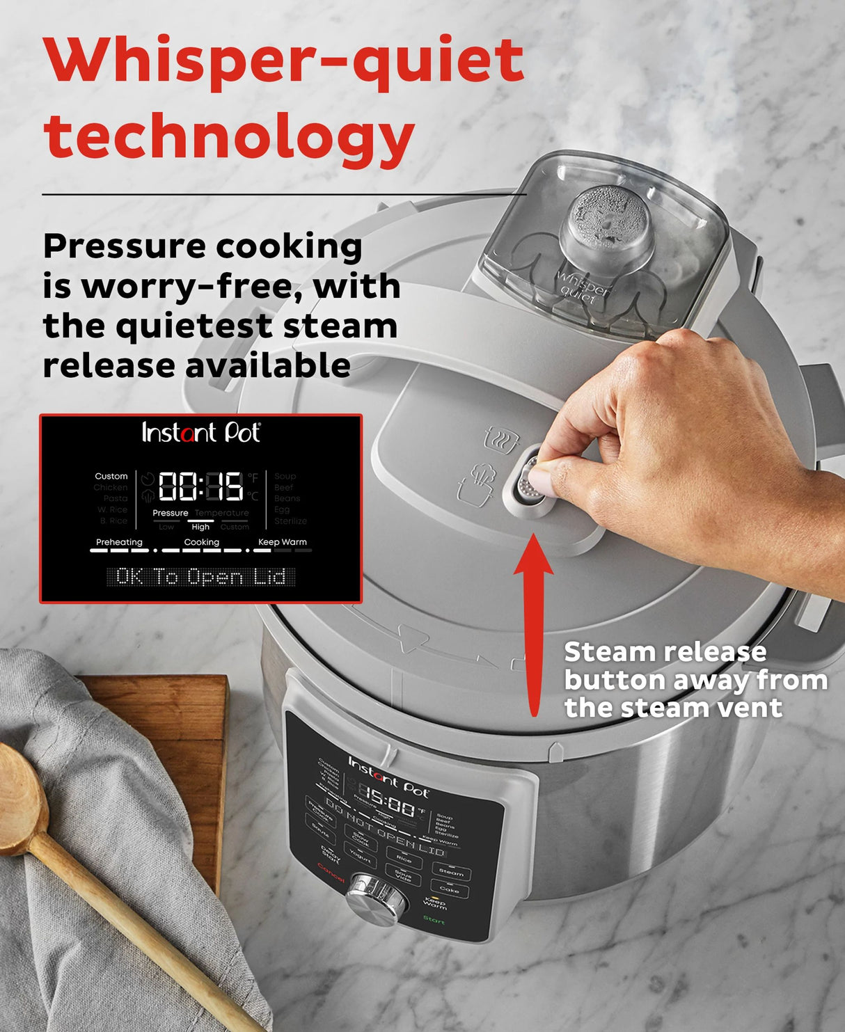  Instant Pot® Duo™ Plus 8-quart Multi-Use Pressure Cooker with text Whisper quiet techology