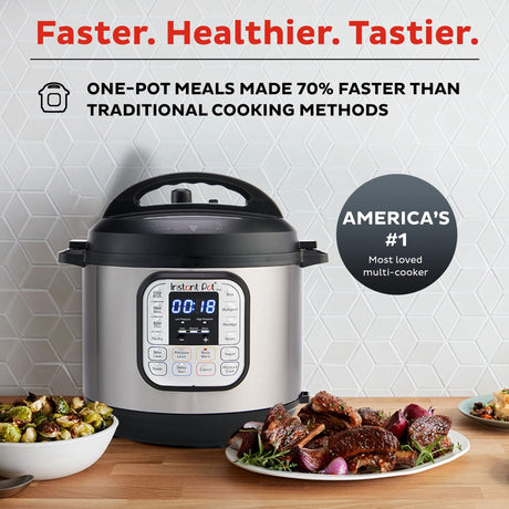  Instant Pot Duo 6-qt Multi-Use Pressure Cooker with text Faster, Healthier, Tastier