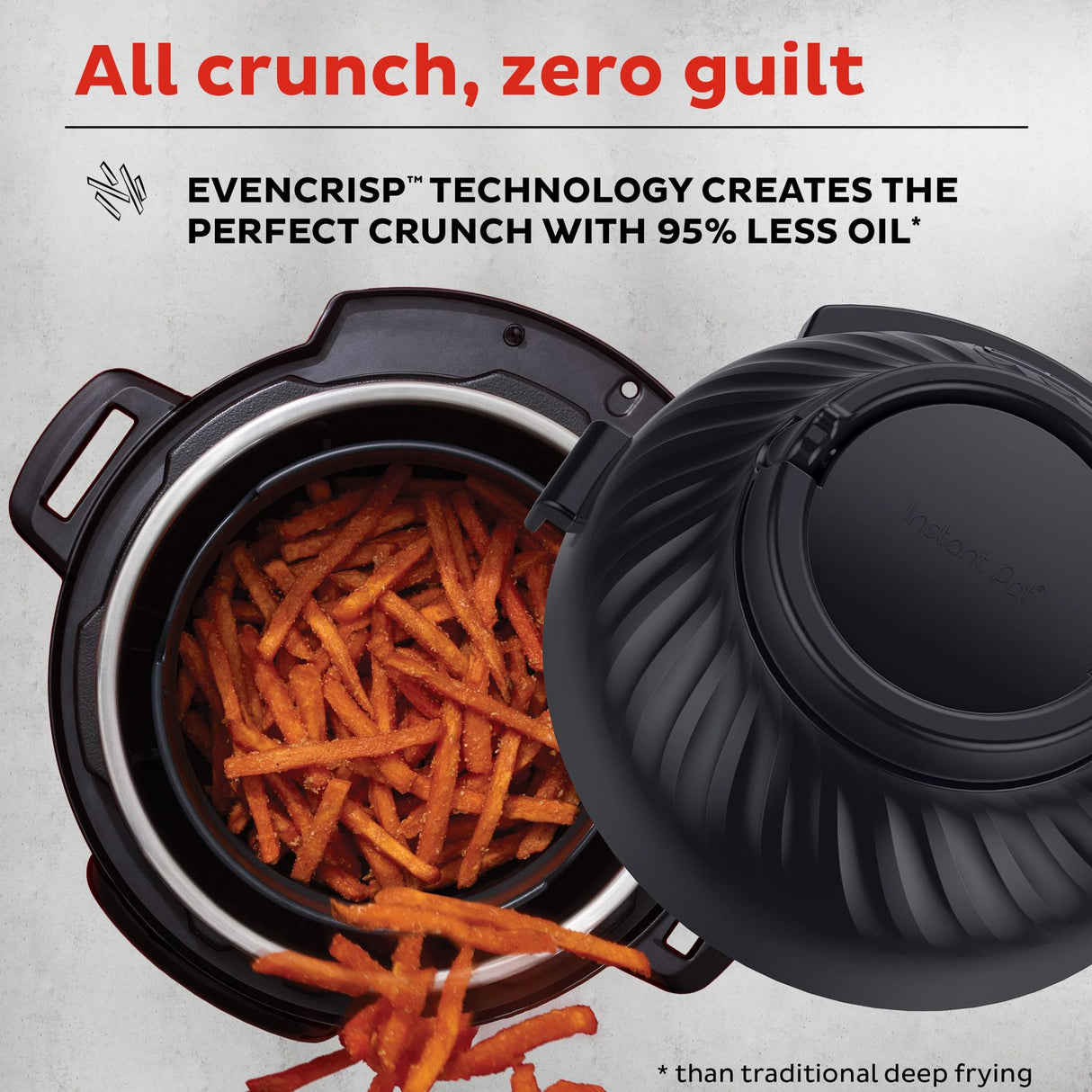  Instant Pot® Pro™ Crisp &amp; Air Fryer 8-qt Multi-Use Pressure Cooker &amp; Air Fryer Lid with text All crunch, zero guilt