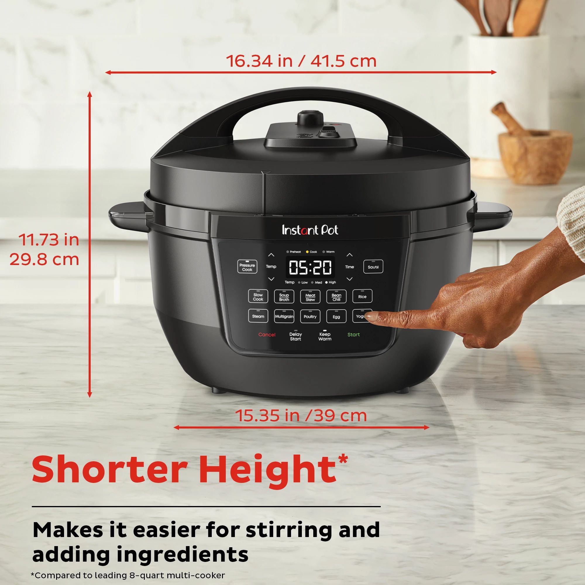  Instant Pot RIO Wide 7.5-qt Multicooker with text in photo shorter height makes is easier for stirring &amp; adding ingredients