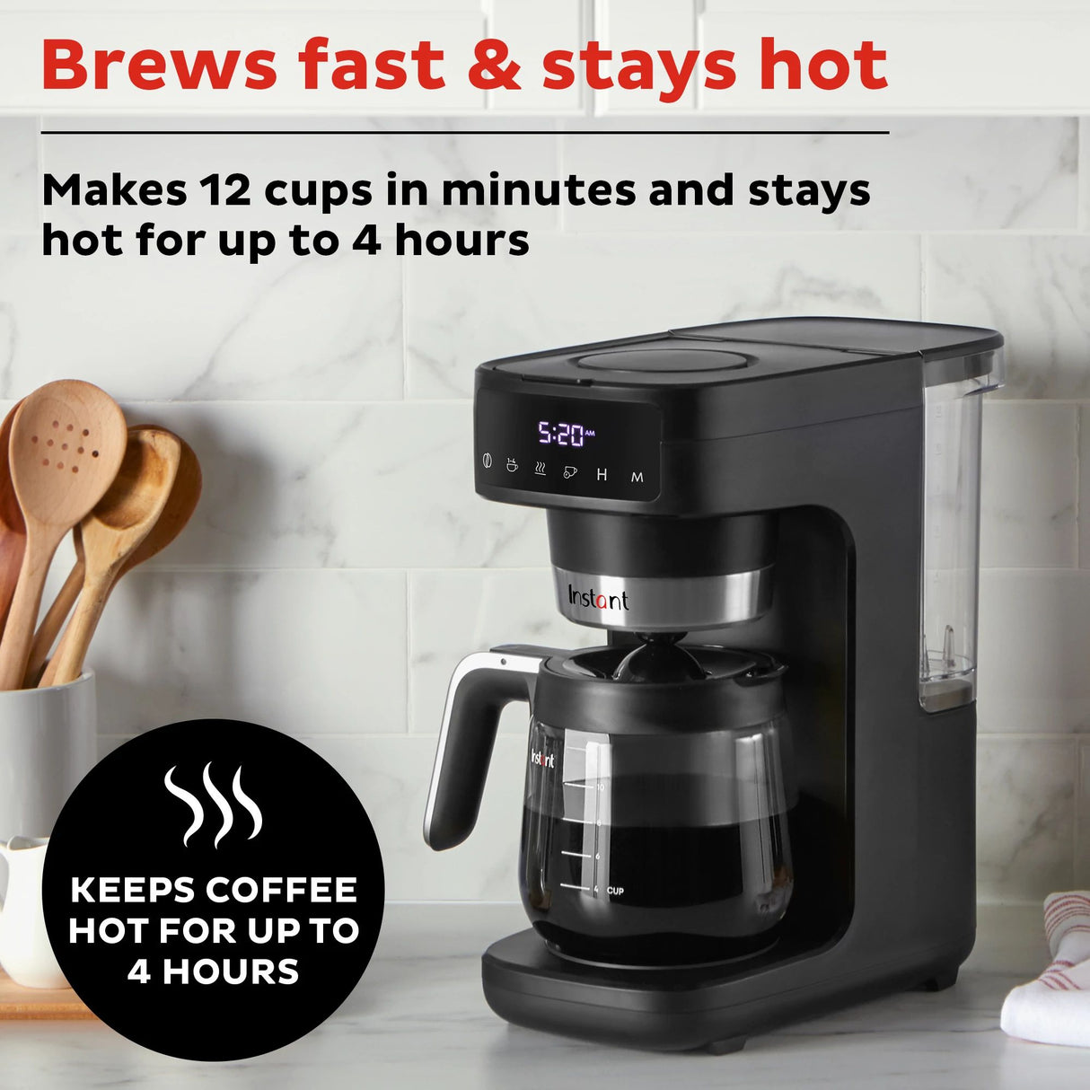  Instant® Infusion Brew Plus 12-cup Coffee Maker on counter with text brews fast &amp; stays hot