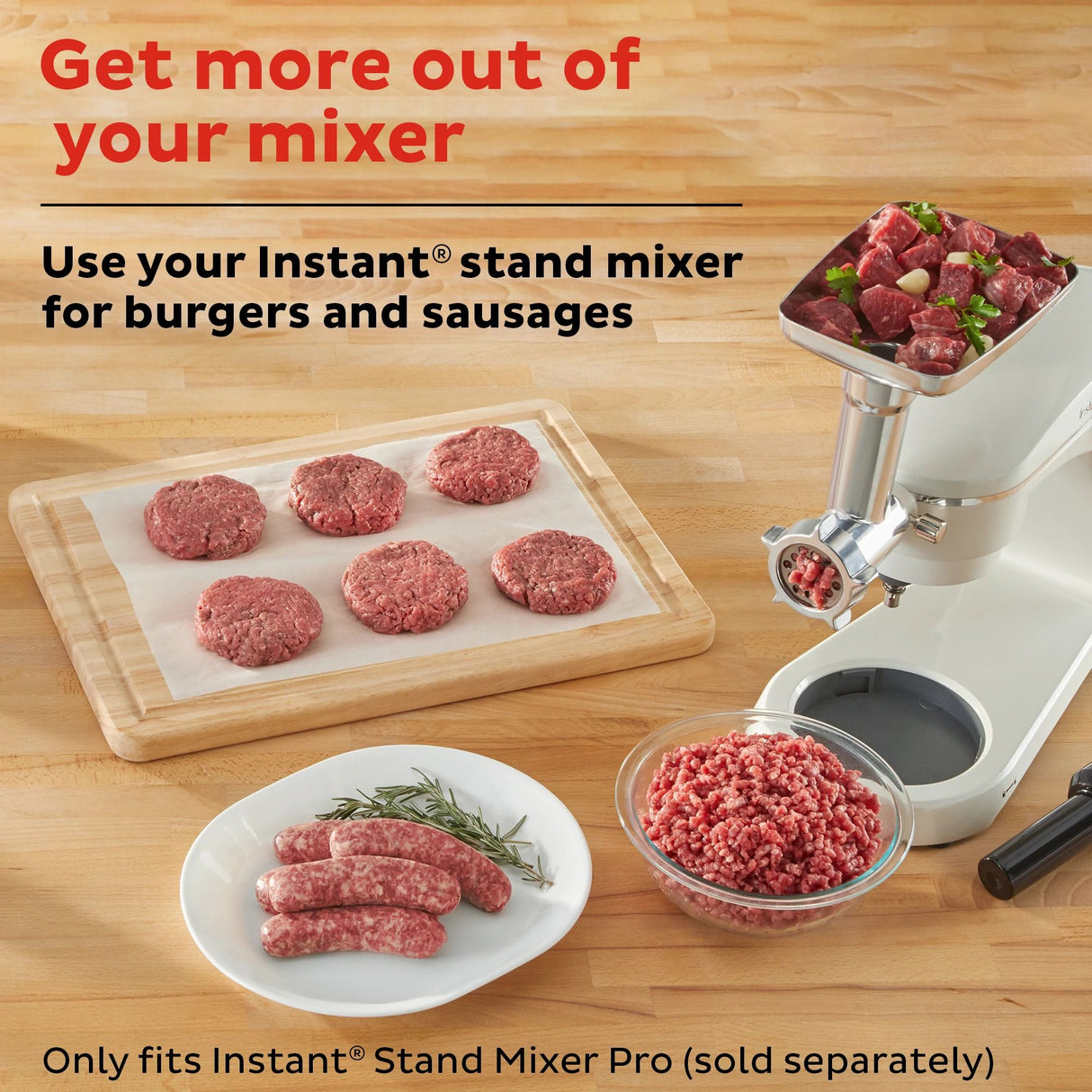  Instant Meat Grinder Accessory Set for Stand Mixer Pro with text get more out of your mixer
