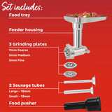  Meat Grinder Accessory set shown whats included: food tray, 3 grinding plates, 3 sausage tubes
