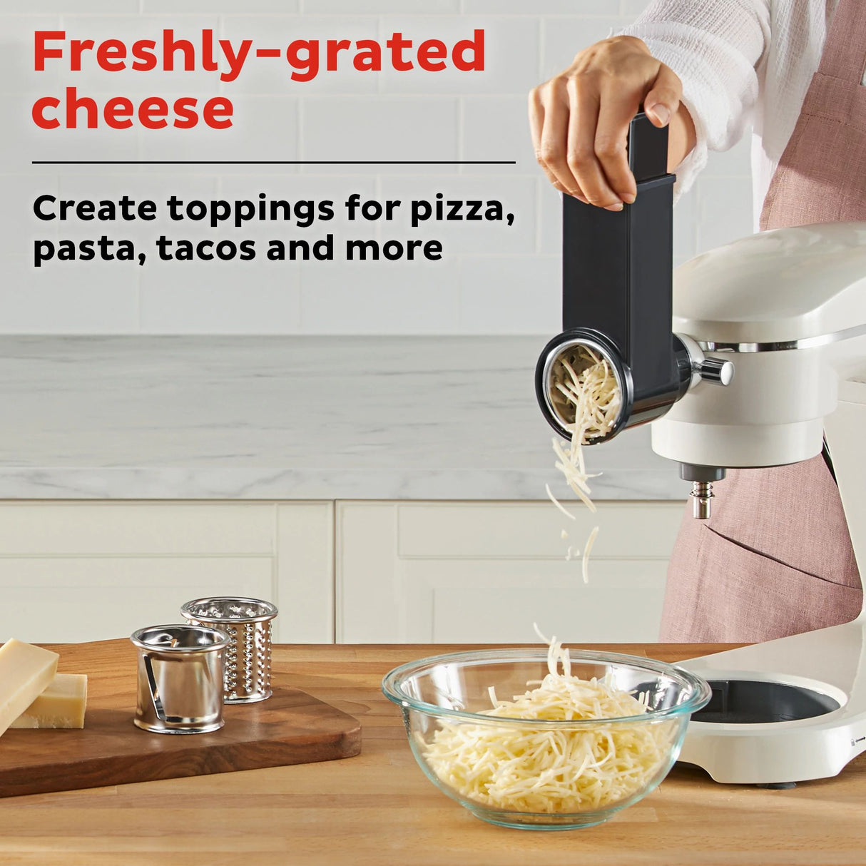  Instant® Slicer/Shredder Accessory Set for Stand Mixer Pro with text freshly-grated cheese
