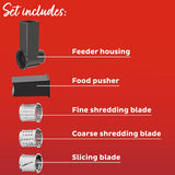  photo of Slicer/Shredder set includes text feeder housing, food pusher, fine shredding blade, coarse shredding &amp; slide blades