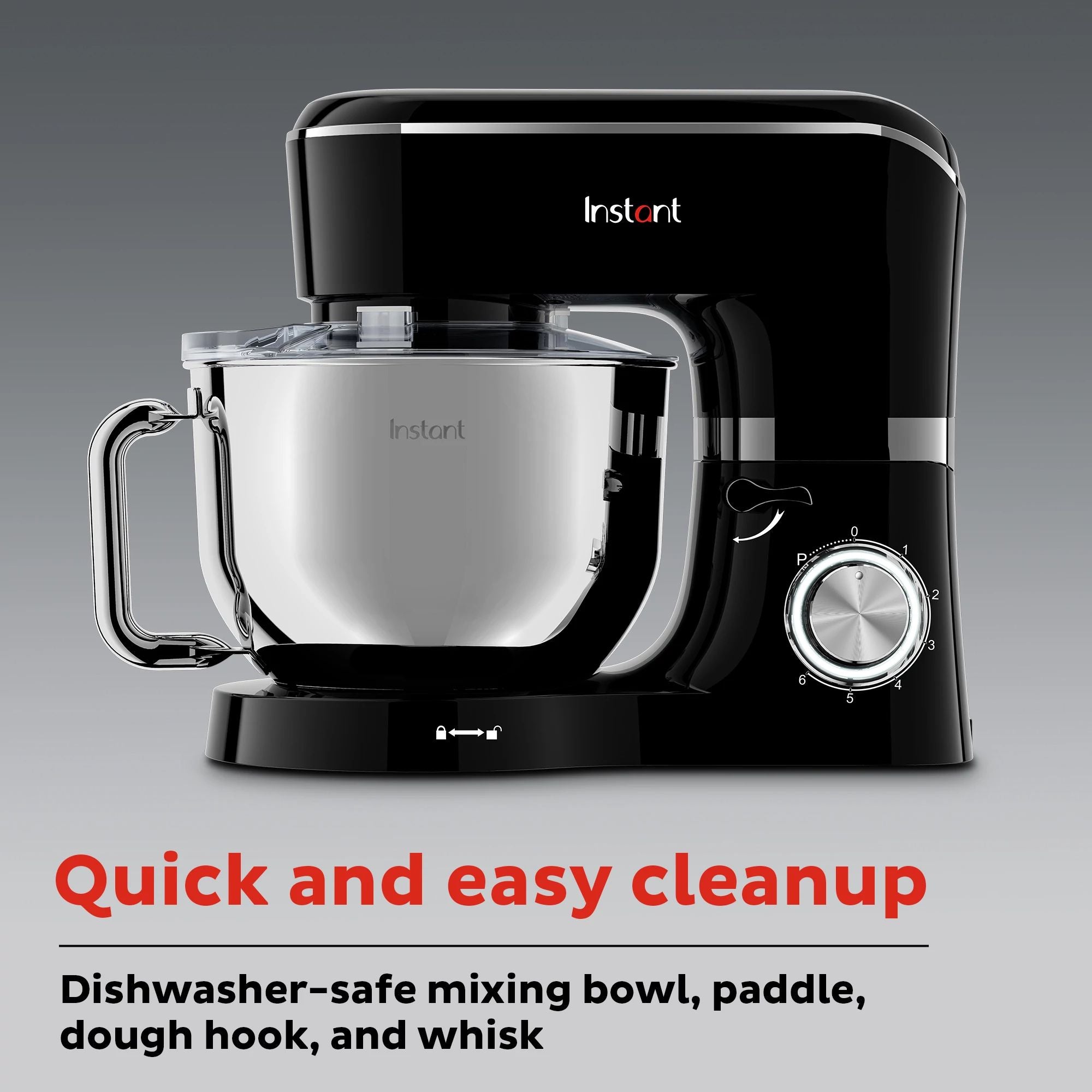  Instant 6.3-quart Black Stand Mixer with text quick &amp; easy cleanup