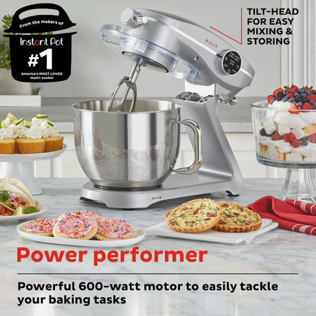  Instant 7.4-quart Stand Mixer Pro Series, Silver with text tilt-head for easy mixing and storing