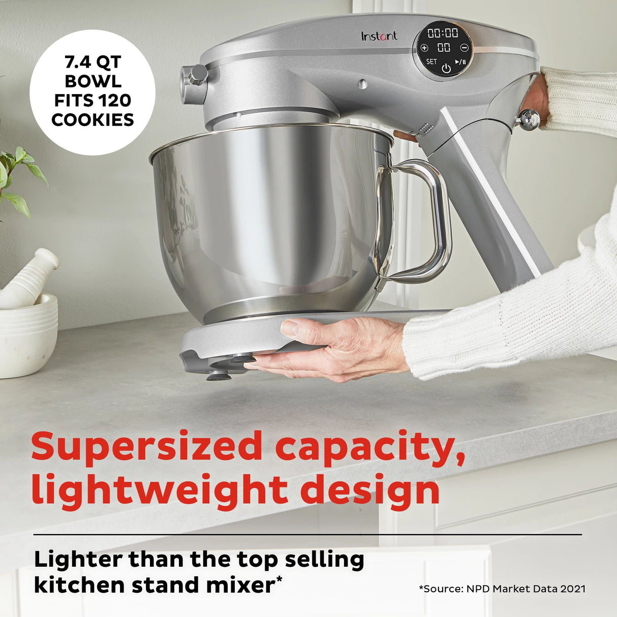  Instant 7.4-quart Stand Mixer Pro Series, Silver with text supersized capacity, lightweight design