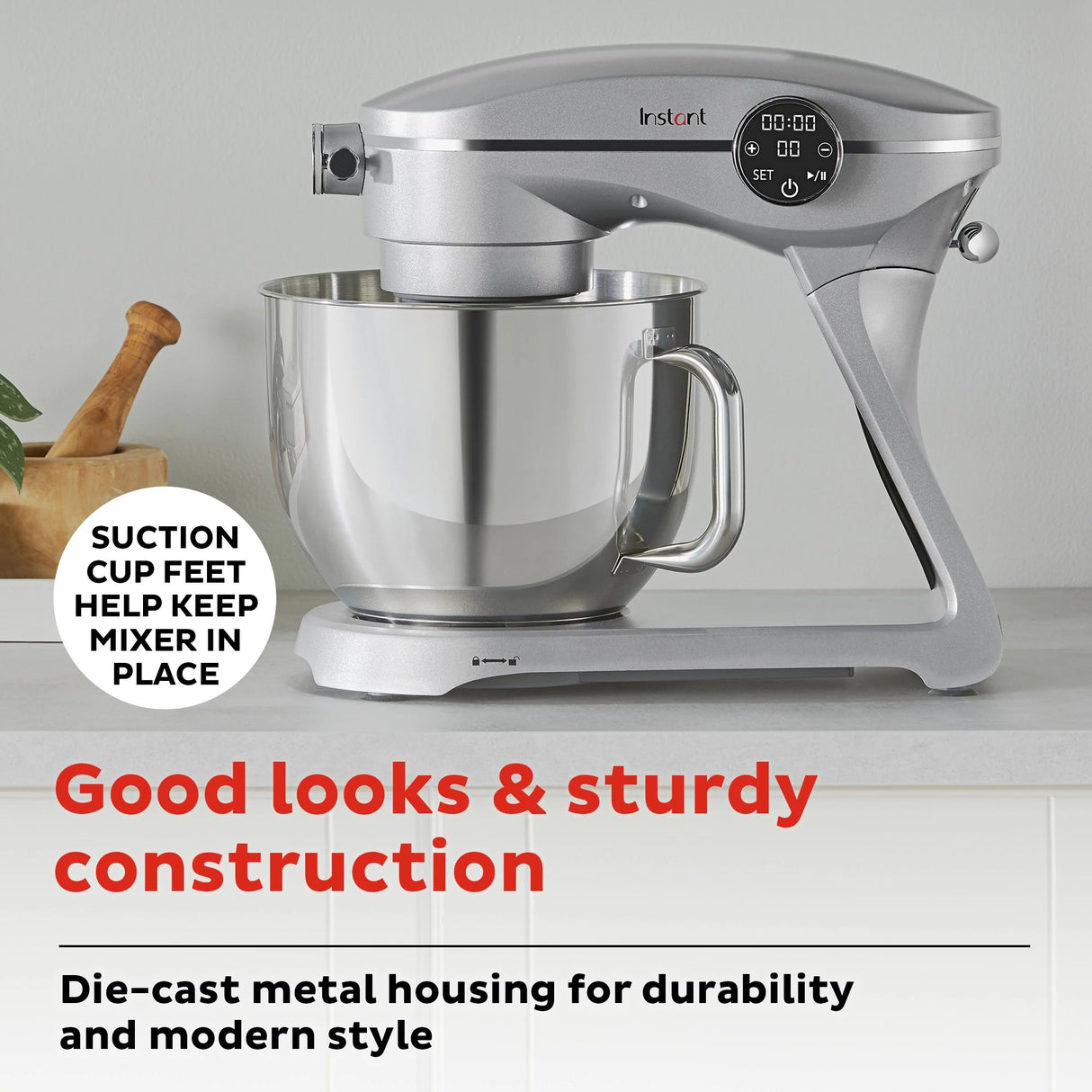  Instant 7.4-quart Stand Mixer Pro Series, Silver with text good looks and sturdy construction
