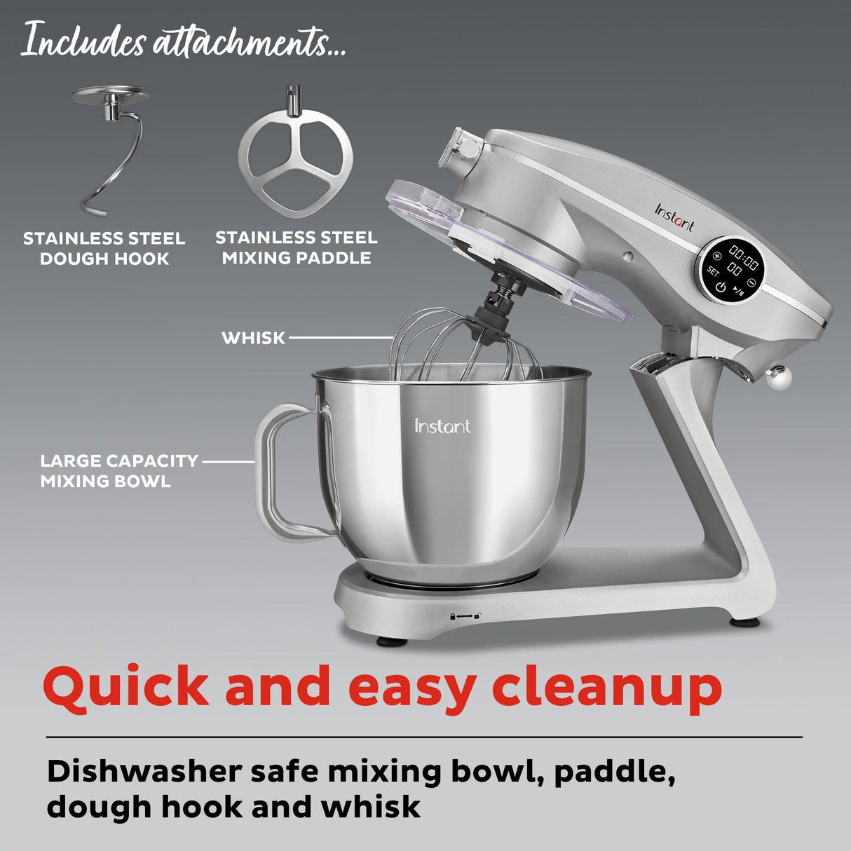  Instant 7.4-quart Stand Mixer Pro Series, Silver with text includes dough hook and mixing paddle