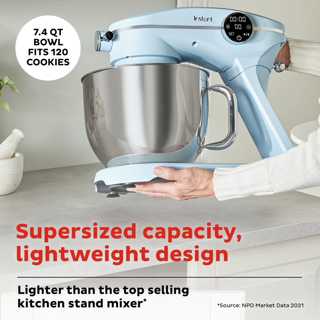  Instant 7.4-qt Stand Mixer Pro Series, Ice Blue with text supersized capacity, lightweight design