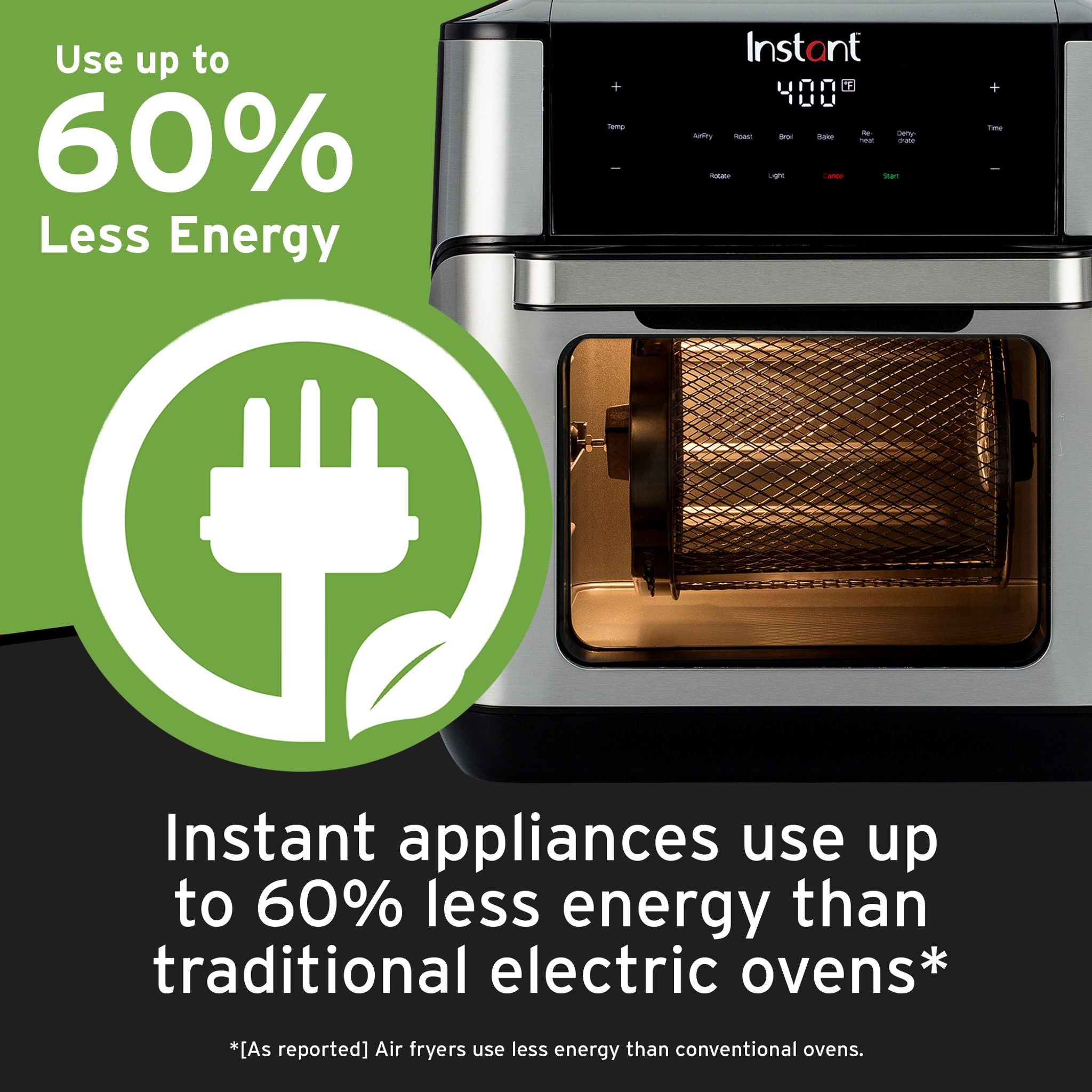  Vortex® Plus 10-quart Air Fryer Oven with text use up to 60% less energy