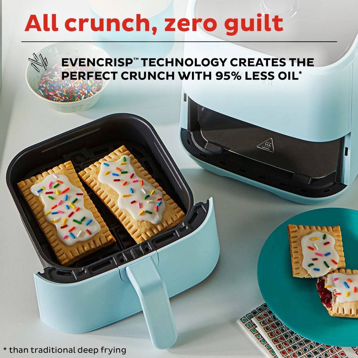  Instant™ Vortex™ Mini 2-quart Air Fryer, Aqua with text All crunch, zero guilt