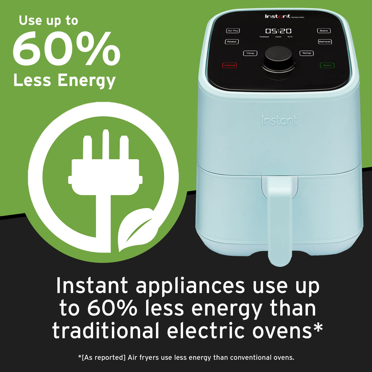  Instant™ Vortex™ Mini 2-quart Air Fryer, Aqua with text Use up to 60% less energy