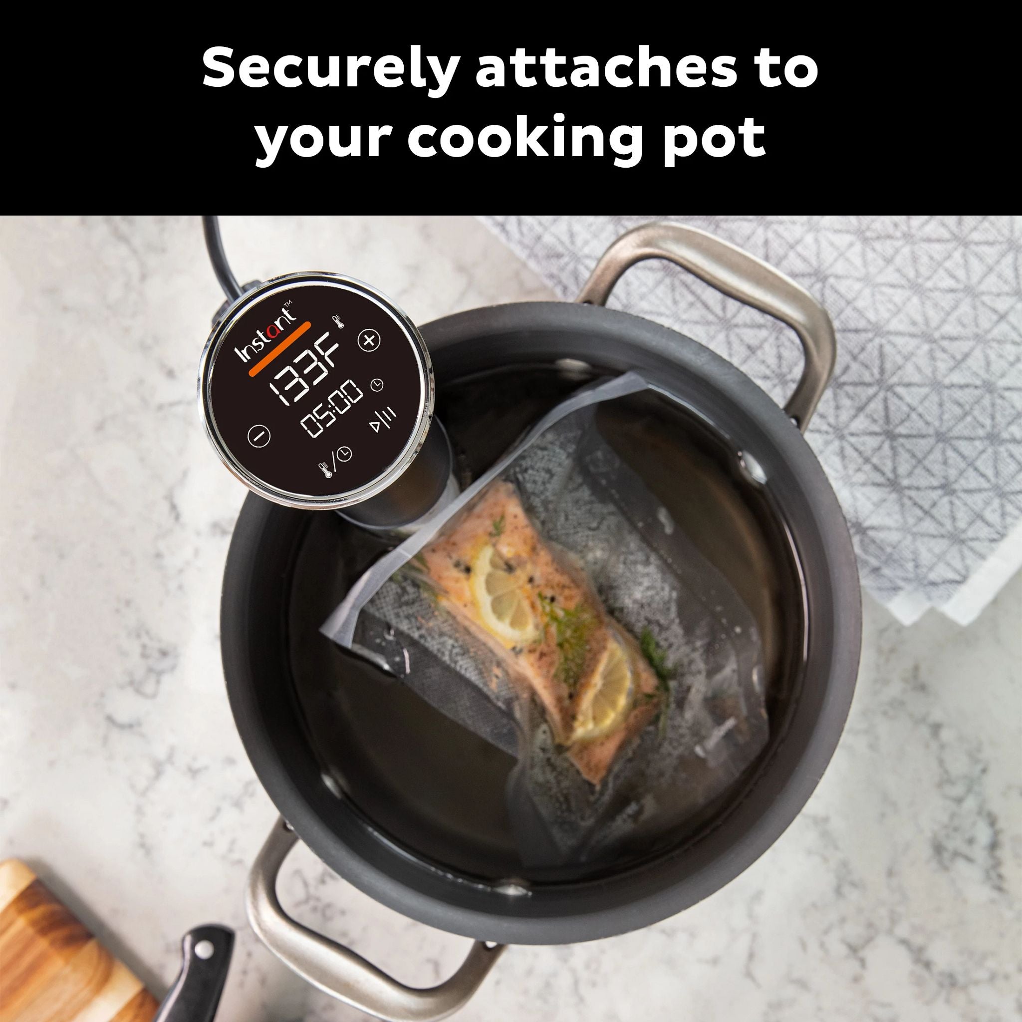  Instant® Accu Slim™ Sous Vide Immersion Circulator, V2 with text securely attaches to your cooking pot