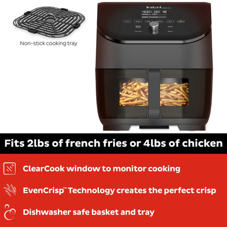  Vortex Plus 6-quart ClearCook Air Fryer front view with text "fits 2lbs of french fries or 4lbs of chicken"